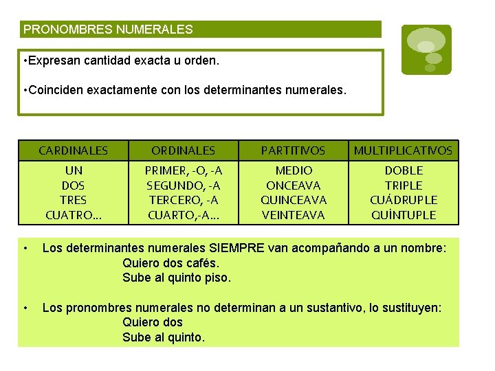 PRONOMBRES NUMERALES • Expresan cantidad exacta u orden. • Coinciden exactamente con los determinantes