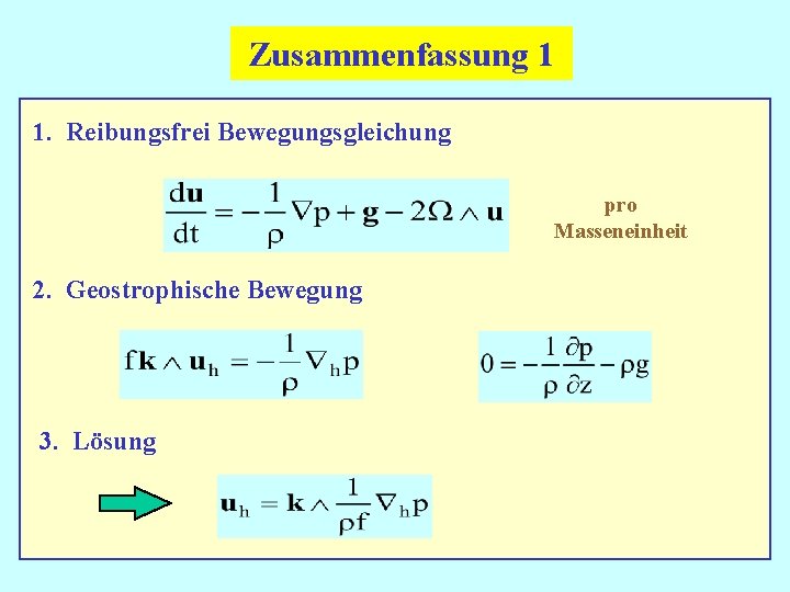 Zusammenfassung 1 1. Reibungsfrei Bewegungsgleichung pro Masseneinheit 2. Geostrophische Bewegung 3. Lösung 