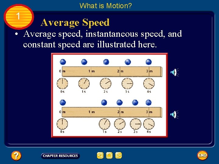 What is Motion? 1 Average Speed • Average speed, instantaneous speed, and constant speed
