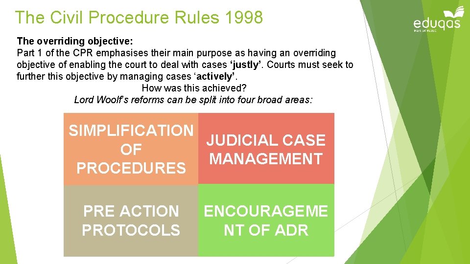The Civil Procedure Rules 1998 The overriding objective: Part 1 of the CPR emphasises