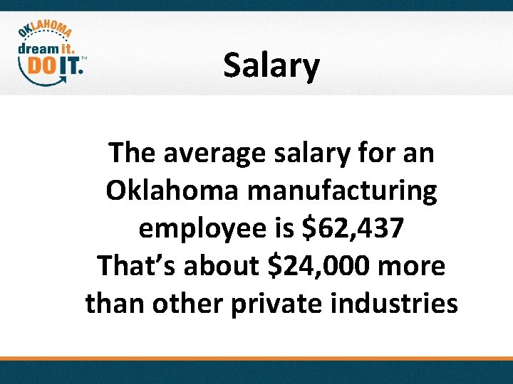 Salary The average salary for an Oklahoma manufacturing employee is $62, 437 That’s about