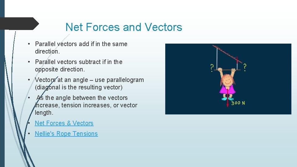 Net Forces and Vectors • Parallel vectors add if in the same direction. •