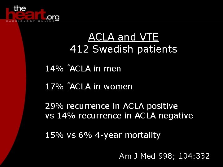 ACLA and VTE 412 Swedish patients 14% ACLA in men 17% ACLA in women
