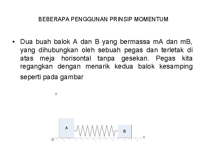 BEBERAPA PENGGUNAN PRINSIP MOMENTUM • Dua buah balok A dan B yang bermassa m.