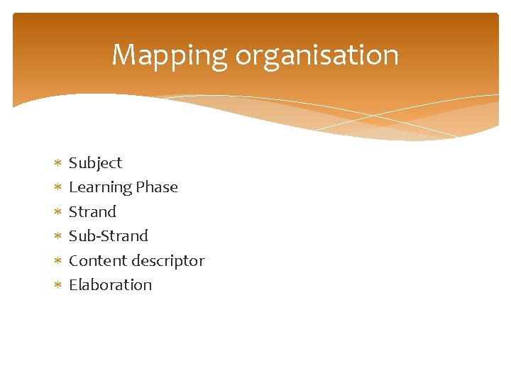 Mapping organisation Subject Learning Phase Strand Sub-Strand Content descriptor Elaboration 