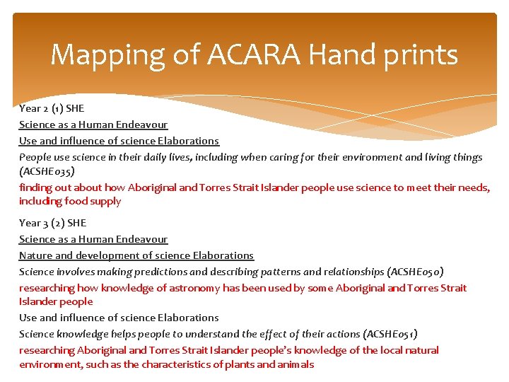 Mapping of ACARA Hand prints Year 2 (1) SHE Science as a Human Endeavour