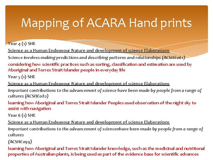 Mapping of ACARA Hand prints Year 4 (1) SHE Science as a Human Endeavour