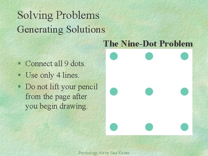 Solving Problems Generating Solutions The Nine-Dot Problem § Connect all 9 dots. § Use