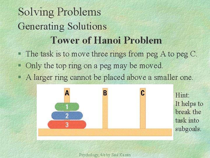 Solving Problems Generating Solutions Tower of Hanoi Problem § The task is to move