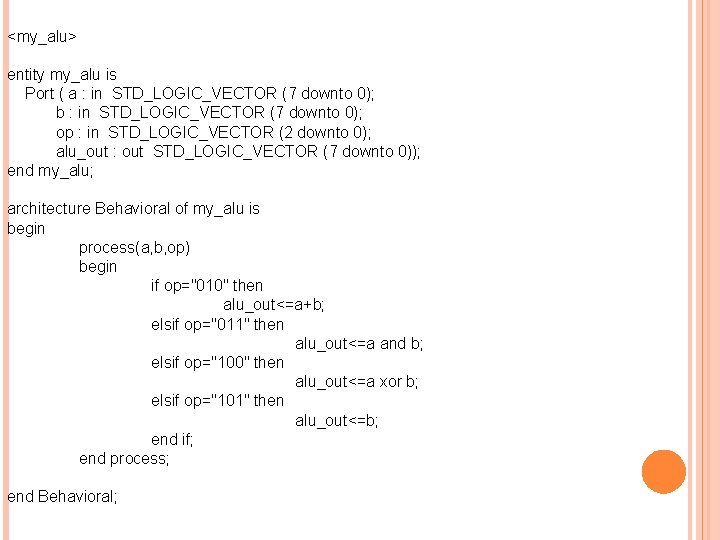 <my_alu> entity my_alu is Port ( a : in STD_LOGIC_VECTOR (7 downto 0); b
