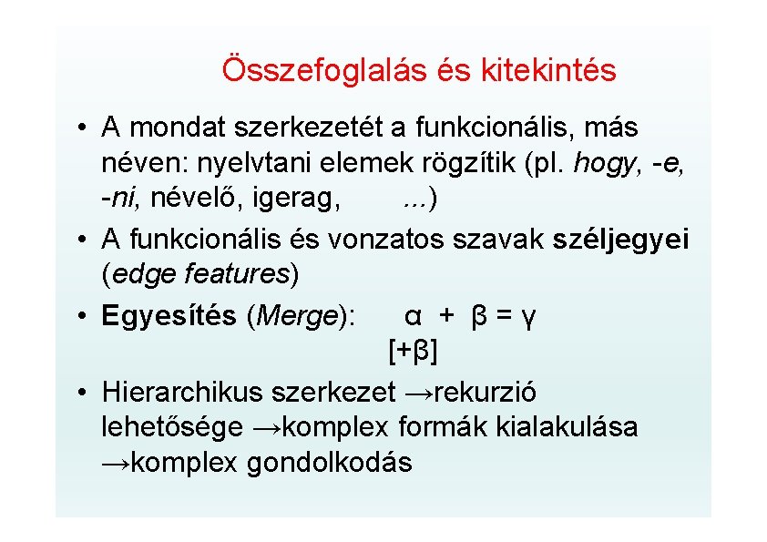 Összefoglalás és kitekintés • A mondat szerkezetét a funkcionális, más néven: nyelvtani elemek rögzítik