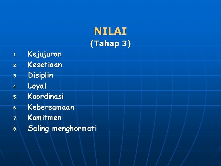 NILAI (Tahap 3) 1. 2. 3. 4. 5. 6. 7. 8. Kejujuran Kesetiaan Disiplin