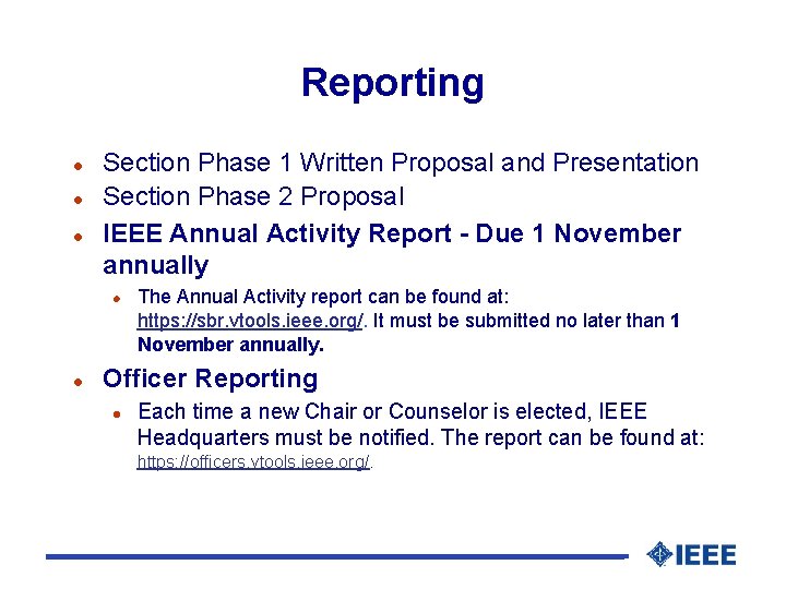 Reporting l l l Section Phase 1 Written Proposal and Presentation Section Phase 2