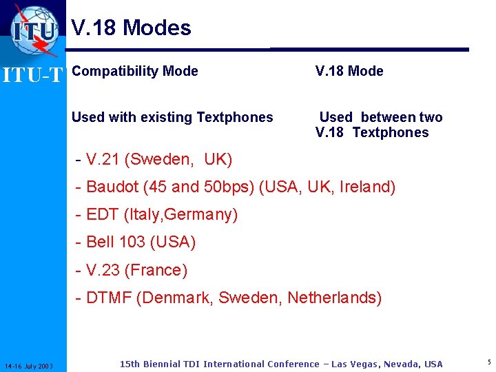 V. 18 Modes ITU-T Compatibility Mode V. 18 Mode Used with existing Textphones Used