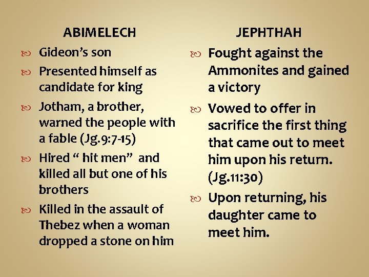 ABIMELECH JEPHTHAH Gideon’s son Fought against the Ammonites and gained Presented himself as candidate