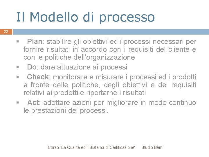 Il Modello di processo 22 Plan: stabilire gli obiettivi ed i processi necessari per