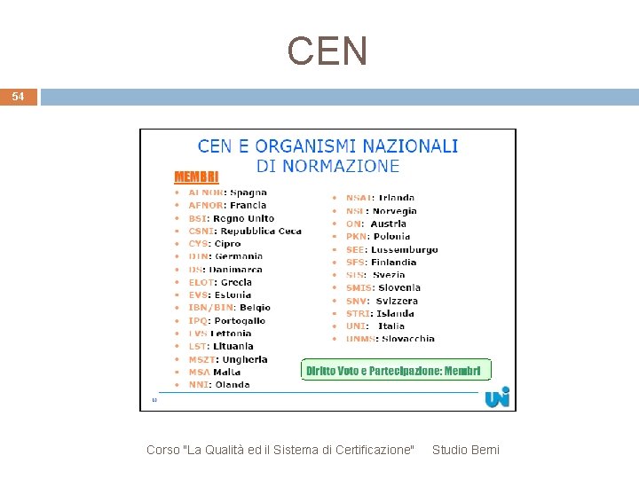 CEN 54 Corso "La Qualità ed il Sistema di Certificazione" Studio Berni 