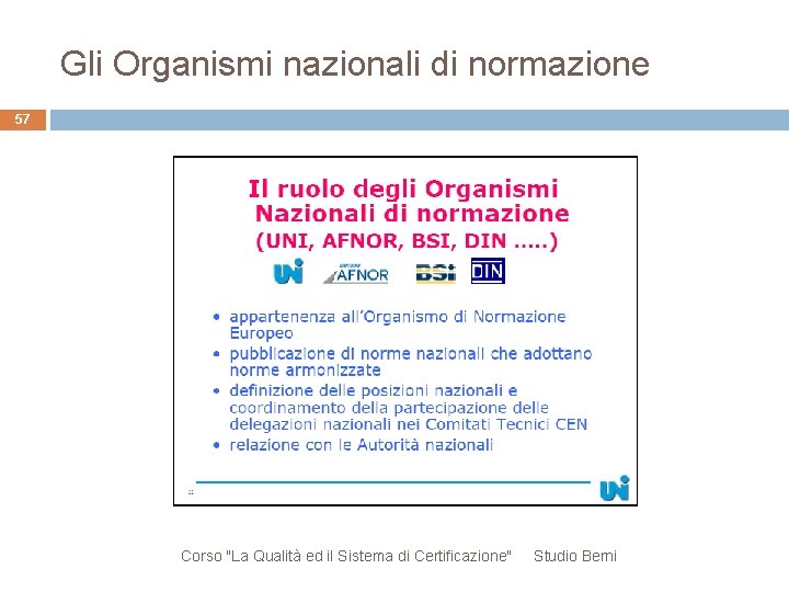 Gli Organismi nazionali di normazione 57 Corso "La Qualità ed il Sistema di Certificazione"