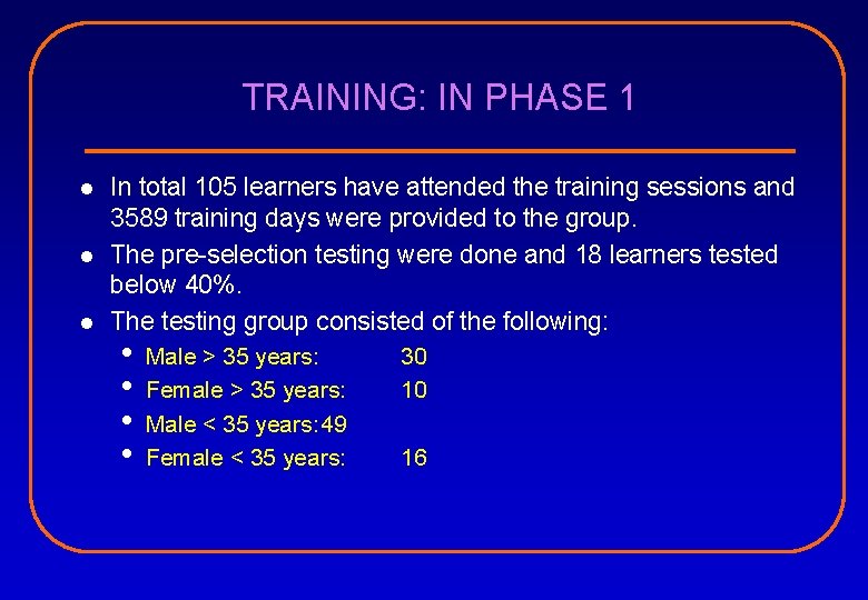 TRAINING: IN PHASE 1 l l l In total 105 learners have attended the