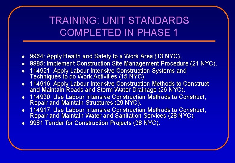TRAINING: UNIT STANDARDS COMPLETED IN PHASE 1 l l l l 9964: Apply Health