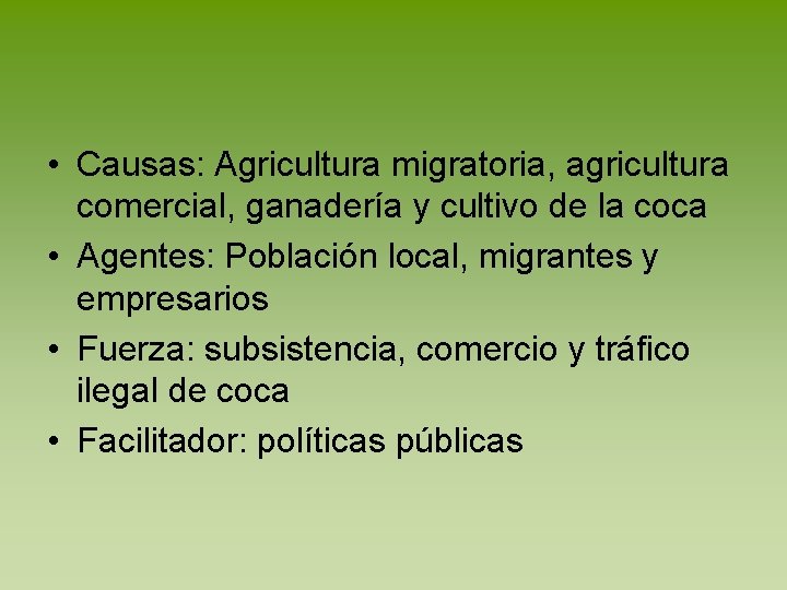  • Causas: Agricultura migratoria, agricultura comercial, ganadería y cultivo de la coca •