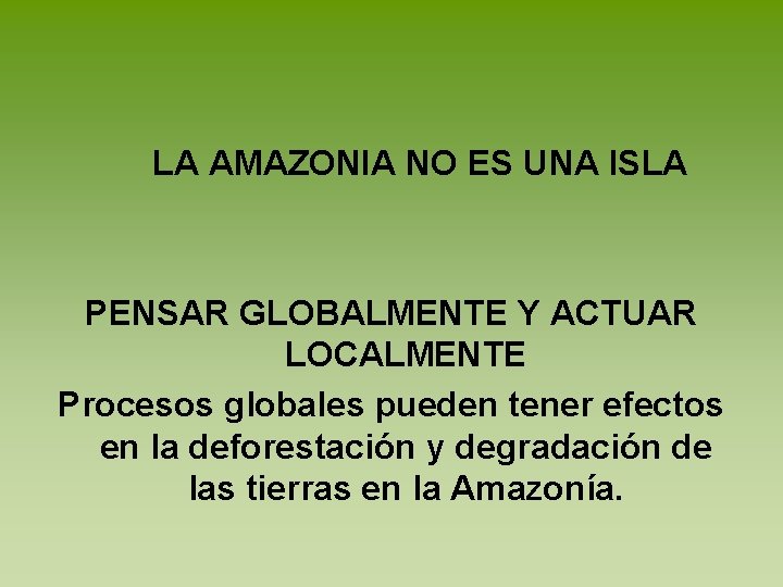 LA AMAZONIA NO ES UNA ISLA PENSAR GLOBALMENTE Y ACTUAR LOCALMENTE Procesos globales pueden