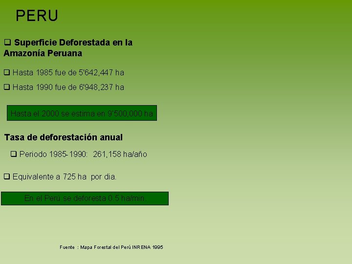 PERU q Superficie Deforestada en la Amazonía Peruana q Hasta 1985 fue de 5'642,