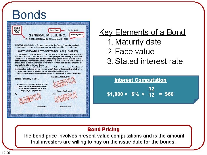 Bonds Key Elements of a Bond 1. Maturity date 2. Face value 3. Stated