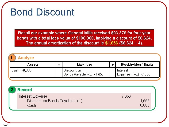 Bond Discount Recall our example where General Mills received $93, 376 for four-year bonds