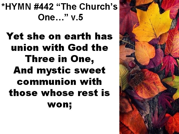 *HYMN #442 “The Church’s One…” v. 5 Yet she on earth has union with