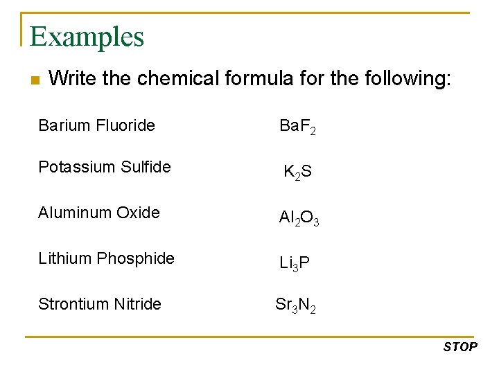 Examples n Write the chemical formula for the following: Barium Fluoride Ba. F 2 Examples n Write the chemical formula for the following: Barium Fluoride Ba. F 2