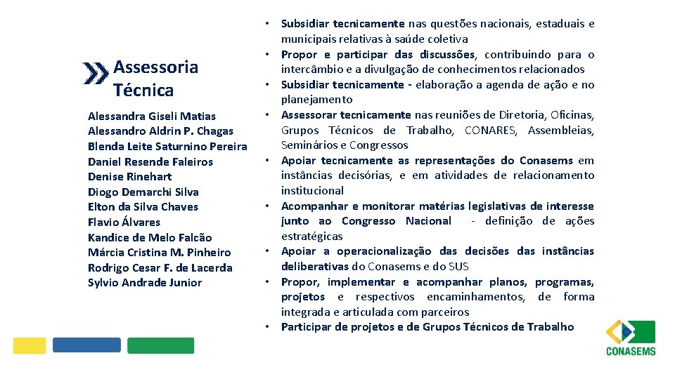 Assessoria Técnica Alessandra Giseli Matias Alessandro Aldrin P. Chagas Blenda Leite Saturnino Pereira Daniel