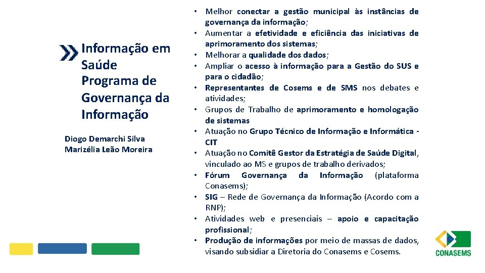 Informação em Saúde Programa de Governança da Informação Diogo Demarchi Silva Marizélia Leão Moreira