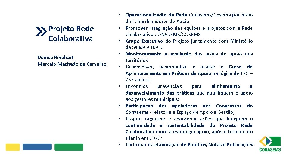 Projeto Rede Colaborativa Denise Rinehart Marcelo Machado de Carvalho • Operacionalização da Rede Conasems/Cosems