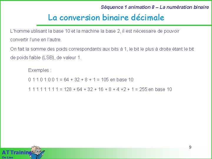 Séquence 1 animation 8 – La numération binaire La conversion binaire décimale L’homme utilisant