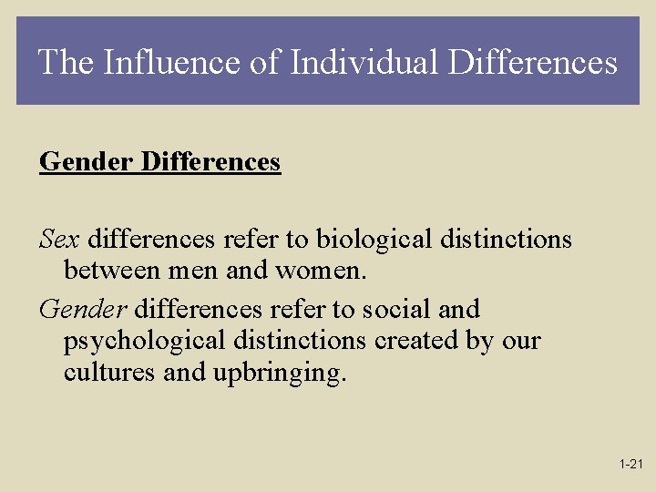 The Influence of Individual Differences Gender Differences Sex differences refer to biological distinctions between