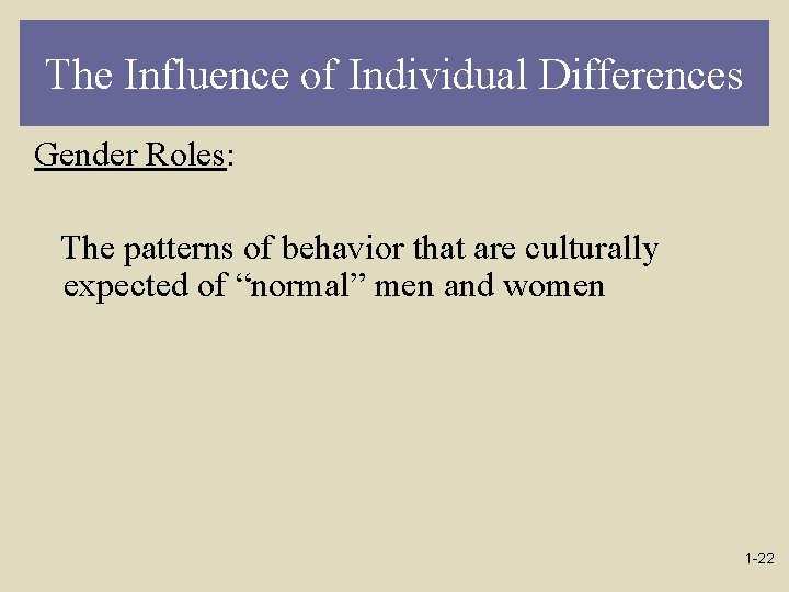 The Influence of Individual Differences Gender Roles: The patterns of behavior that are culturally