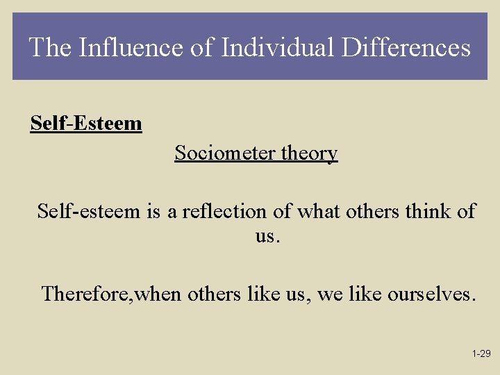 The Influence of Individual Differences Self-Esteem Sociometer theory Self-esteem is a reflection of what