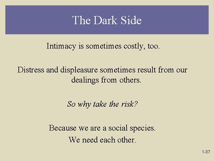 The Dark Side Intimacy is sometimes costly, too. Distress and displeasure sometimes result from