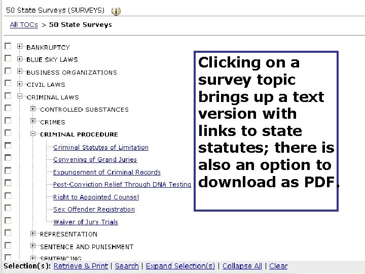 Clicking on a survey topic brings up a text version with links to state