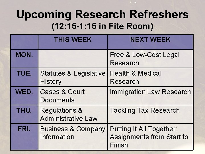 Upcoming Research Refreshers (12: 15 -1: 15 in Fite Room) THIS WEEK MON. TUE.