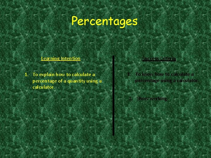 Percentages Learning Intention 1. To explain how to calculate a percentage of a quantity