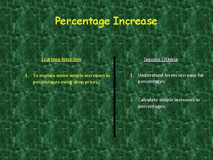 Percentage Increase Learning Intention 1. To explain some simple increases in percentages using shop