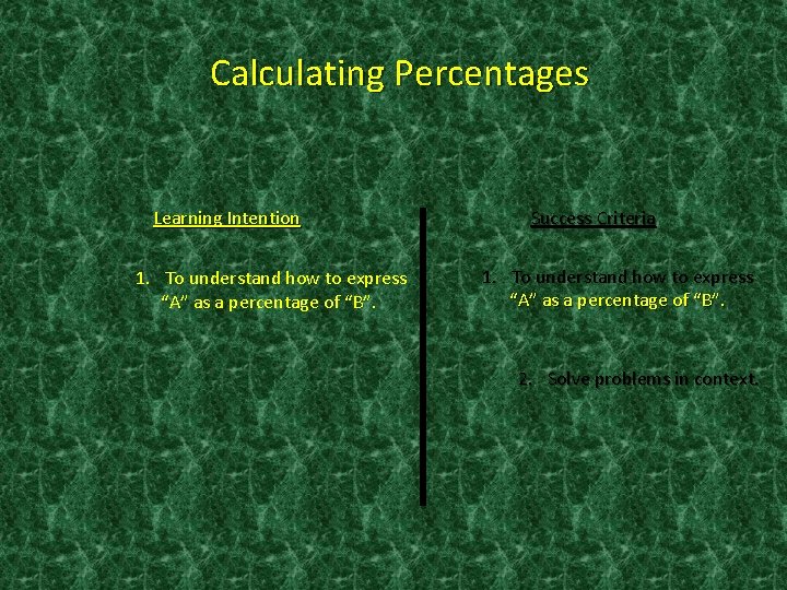 Calculating Percentages Learning Intention 1. To understand how to express “A” as a percentage