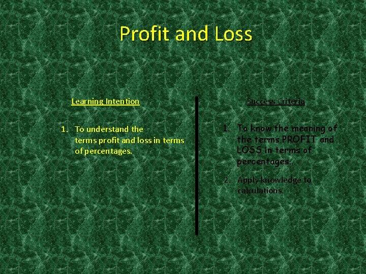 Profit and Loss Learning Intention 1. To understand the terms profit and loss in
