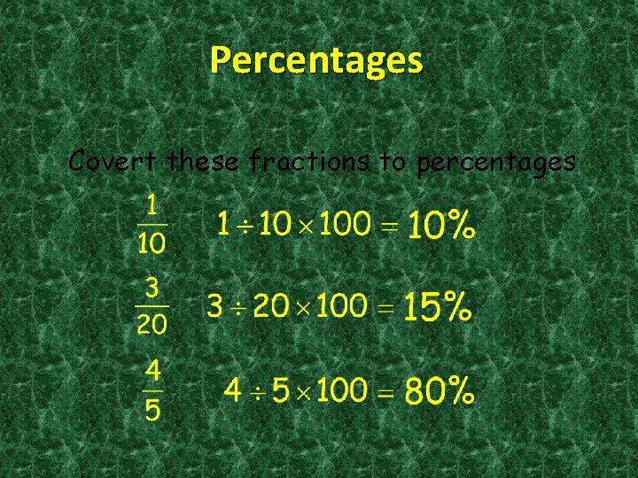 Percentages Covert these fractions to percentages 