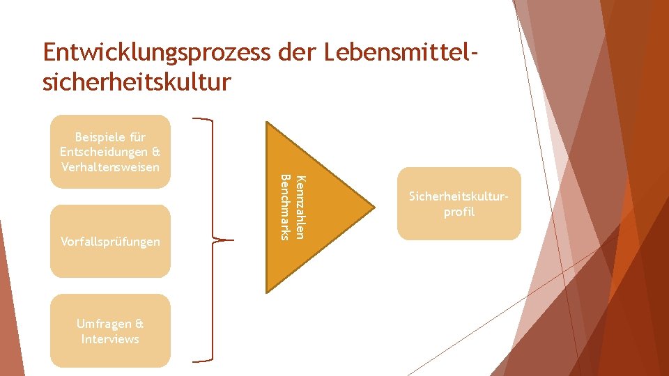 Entwicklungsprozess der Lebensmittelsicherheitskultur Vorfallsprüfungen Umfragen & Interviews Kennzahlen Benchmarks Beispiele für Entscheidungen & Verhaltensweisen Entwicklungsprozess der Lebensmittelsicherheitskultur Vorfallsprüfungen Umfragen & Interviews Kennzahlen Benchmarks Beispiele für Entscheidungen & Verhaltensweisen