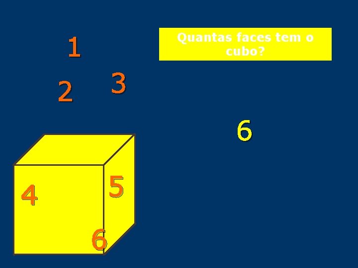 1 Quantas faces tem o cubo? 3 2 6 4 5 6 