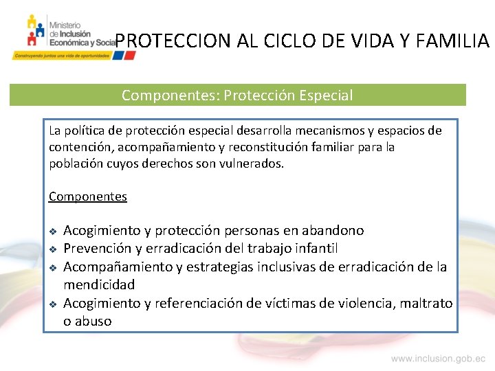 PROTECCION AL CICLO DE VIDA Y FAMILIA Componentes: Protección Especial La política de protección