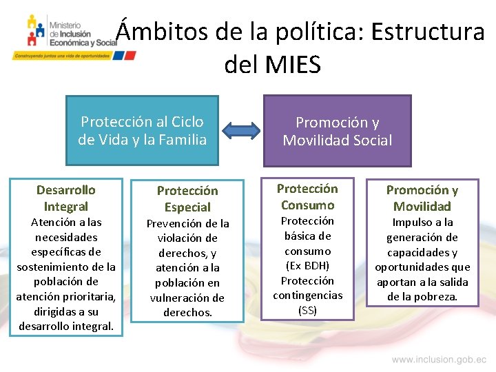 Ámbitos de la política: Estructura del MIES Protección al Ciclo de Vida y la